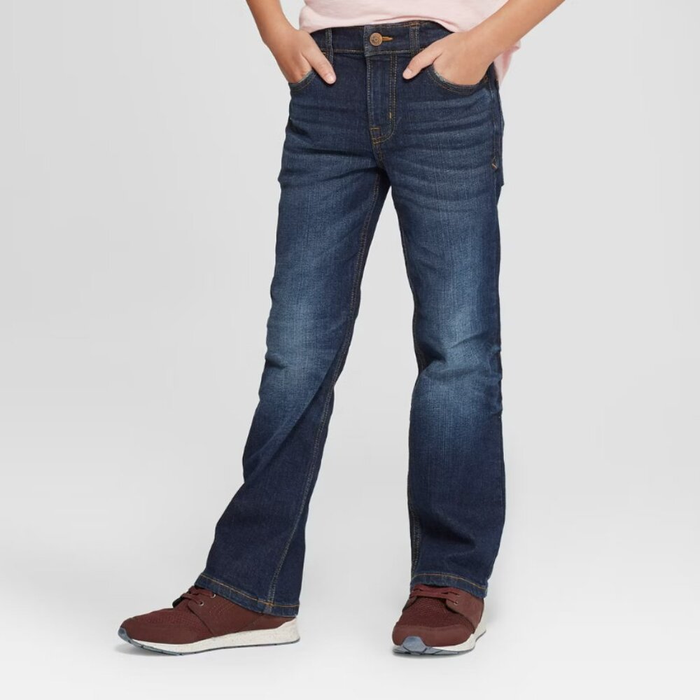 Cat & Jack Boys' Classic Cotton Stretch Straight Fit Denim Jeans Dark Blue Wash